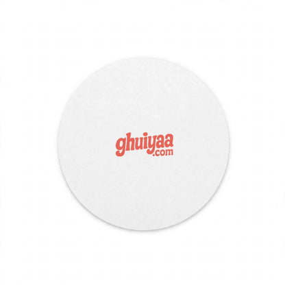White circle mouse pad with Ghuiyaa.com logo on a minimal desk setup