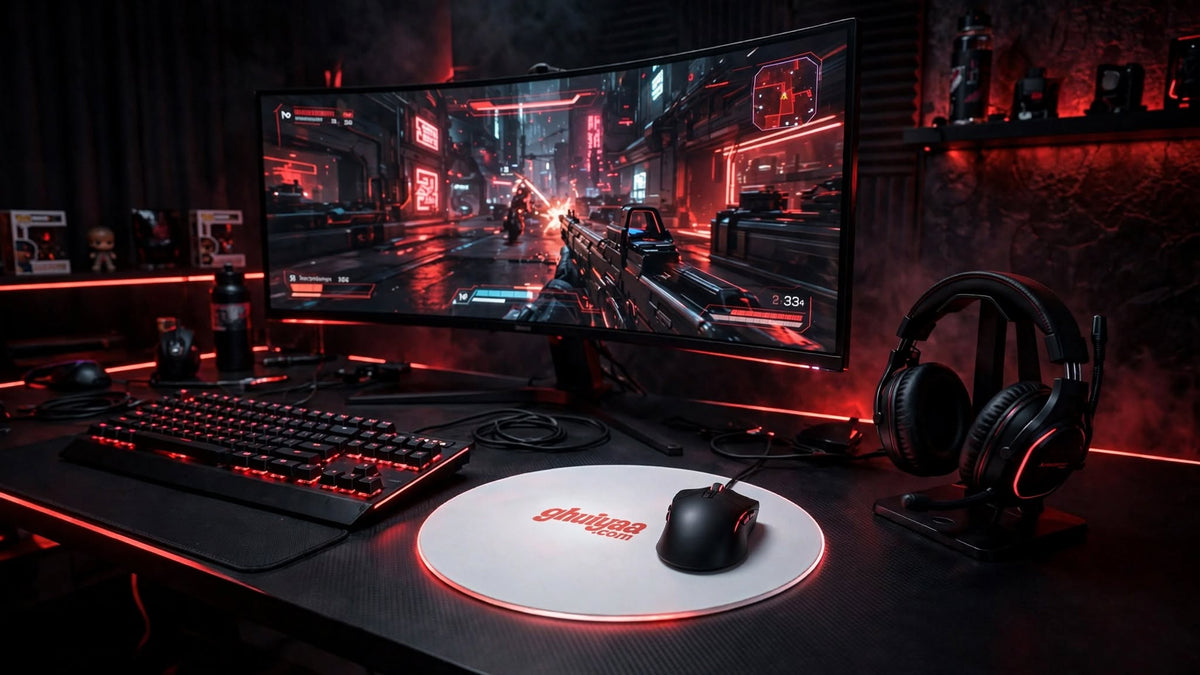 White circle mouse pad with Ghuiyaa.com logo on a minimal desk setup
