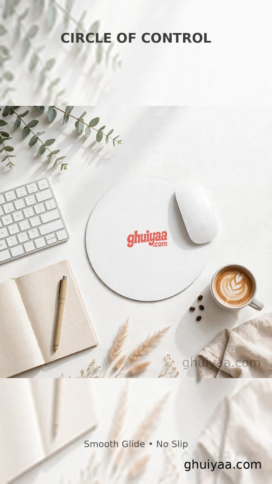 White circle mouse pad with Ghuiyaa.com logo on a minimal desk setup