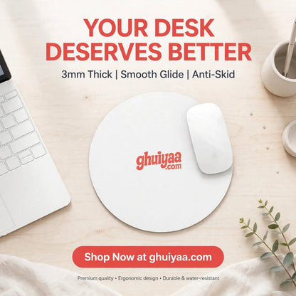 White circle mouse pad with Ghuiyaa.com logo on a minimal desk setup